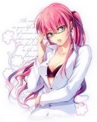Rule 34 | 1girl, alternate hairstyle, bespectacled, blue eyes, bra, breasts, cleavage, glasses, koto (sss), lingerie, long hair, megurine luka, open clothes, open mouth, open shirt, pink hair, ponytail, shirt, solo, underwear, vocaloid