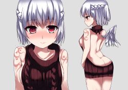 Rule 34 | 1girl, ass, back, bare back, blush, braid, breasts, collarbone, embarrassed, feathered wings, french braid, from behind, grey background, highres, kishin sagume, lips, looking at viewer, medium breasts, meme attire, nose, red eyes, shamuichi, short hair, sideboob, simple background, single wing, solo, standing, tattoo, thighs, touhou, turtleneck, virgin killer sweater, white hair, wings