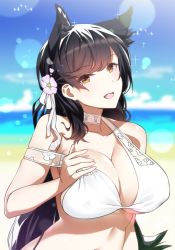 Rule 34 | 1girl, :d, animal ears, atago (azur lane), atago (summer march) (azur lane), azur lane, bare shoulders, bikini, black hair, blue sky, blurry, blurry background, blush, breasts, brown eyes, cloud, commentary request, day, depth of field, flower, hair flower, hair ornament, kagiyama (clave), large breasts, lens flare, lens flare abuse, long hair, looking at viewer, mole, mole under eye, navel, ocean, off shoulder, open mouth, outdoors, skindentation, sky, smile, solo, standing, swimsuit, upper body, very long hair, white bikini