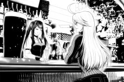 Rule 34 | 2girls, ahoge, alcohol, alma armas, an&#039;no natsume, bar (place), bartender, bottle, cup, drinking glass, glasses, greyscale, jill stingray, long hair, monochrome, multiple girls, necktie, sitting, sweater, talking, twintails, va-11 hall-a, wine, wine bottle, wine glass