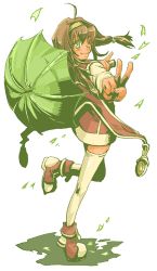 Rule 34 | 1girl, ahoge, blush, brown hair, cape, coat, from side, full body, green eyes, hair ornament, hairband, hexagram, holding, holding umbrella, lilka eleniak, long hair, low-tied long hair, lowres, mizu hp, one eye closed, open mouth, sidelocks, simple background, skirt, smile, solo, source request, standing, standing on one leg, thighhighs, twintails, umbrella, v, white background, white thighhighs, wild arms, wild arms 2, yellow hairband