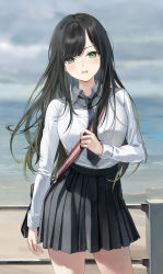 Rule 34 | 1girl, :d, bag, black hair, black necktie, black skirt, blouse, blurry, blurry background, breasts, cloud, cloudy sky, collared shirt, commentary request, day, depth of field, emyo, green eyes, highres, horizon, long hair, long sleeves, looking at viewer, medium breasts, necktie, ocean, open mouth, original, outdoors, pleated skirt, school uniform, shirt, shoulder bag, skirt, sky, smile, solo, standing, very long hair, water, white shirt