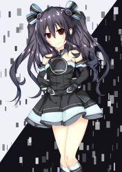 Rule 34 | absurdres, bare shoulders, black hair, breasts, collar, dress, gloves, hair ornament, hairclip, highres, long hair, neptune (series), red eyes, skirt, small breasts, smile, socks, tsundere, twintails, two side up, uni (neptunia), yukimura siro