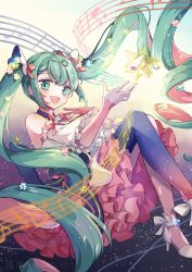 Rule 34 | 1girl, absurdres, ankle strap, blue eyes, blush, dress, floating, floating hair, frilled dress, frills, gloves, hair ornament, hairclip, halter dress, halterneck, hatsune miku, high heels, highres, knees up, long hair, looking at viewer, multicolored hair, musical note, nagitofuu, neck ribbon, open mouth, pink hair, ribbon, single thighhigh, small stellated dodecahedron, smile, solo, space print, sparkle, staff (music), star (symbol), star hair ornament, starry sky print, sweater, thighhighs, very long hair, vocaloid