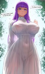 Rule 34 | ..., 1girl, ?, backlighting, blunt bangs, blurry, blurry background, breasts, cleft of venus, closed mouth, commentary, covered navel, cowboy shot, day, dress, english text, female pubic hair, fern (sousou no frieren), hand up, highres, large breasts, long hair, long sleeves, looking at viewer, nipples, no bra, no panties, outdoors, paid reward available, patreon username, pubic hair, purple eyes, purple hair, purple pupils, pussy, see-through, see-through dress, solo, sousou no frieren, speech bubble, spoken ellipsis, spoken question mark, superbusty, thick thighs, thighs, watermark, web address, white dress