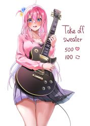 Rule 34 | 1girl, absurdres, ahoge, arrow (symbol), black shirt, blue eyes, blush, bocchi the rock!, breasts, collarbone, commentary, cube hair ornament, english commentary, english text, gotoh hitori, guitar, hair between eyes, hair ornament, hands up, heart, highres, holding, holding instrument, instrument, jacket, large breasts, long hair, long sleeves, looking at viewer, machulanko, machulanko2, meme, miniskirt, open clothes, open jacket, open mouth, pink hair, pink jacket, pleated skirt, puffy long sleeves, puffy sleeves, purple skirt, shirt, simple background, skirt, smile, solo, standing, sweat, sweatdrop, t-shirt, tongue, track jacket, twitter strip game (meme), white background