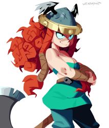 Rule 34 | 1girl, artist name, axe, barbara (rayman), bare shoulders, closed mouth, helmet, highres, long hair, orange hair, rayman, rayman legends, scar, scar on face, simple background, smile, solo, weapon, werfmight, white background, winged helmet
