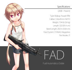 Rule 34 | 1girl, assault rifle, bad id, bad pixiv id, blonde hair, bullpup, child, dreadtie, english text, fad assault rifle, gun, highres, jessica jefferson, legs, long hair, looking at viewer, original, purple eyes, rifle, shorts, solo, source request, spanish text, trigger discipline, very long hair, weapon