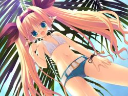 Rule 34 | 10s, 1girl, :d, aqua eyes, belt, bikini, bikini top only, blonde hair, carol, carol miruto, dutch angle, elf, fang, flat chest, from below, game cg, glasses, green eyes, hairband, key, long hair, open mouth, pointy ears, ribbon, short shorts, shorts, smile, solo, swimsuit, twintails, wizard girl ambitious