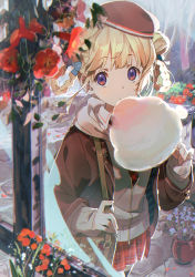 Rule 34 | 1girl, bag, beret, blonde hair, blurry, blurry foreground, brown hat, brown jacket, commentary request, cotton candy, cowboy shot, double bun, eating, flower, food, hair bun, hair rings, hair up, handbag, hat, highres, holding, holding food, jacket, nitanda cona, original, plaid, plaid skirt, pleated skirt, red eyes, red flower, red skirt, skirt, solo, tagme, window