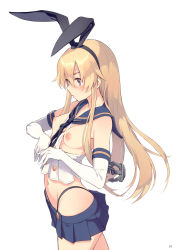 Rule 34 | 1girl, absurdres, blonde hair, blush, breasts, breasts out, rabbit hair ornament, closed mouth, cowboy shot, crop top, elbow gloves, from side, gloves, hair between eyes, hair ornament, highleg, highleg panties, highres, kantai collection, long hair, microskirt, navel, nipples, page number, panties, pleated skirt, sailor collar, sailor shirt, scan, shimakaze (kancolle), shirt, sidelocks, simple background, skirt, small breasts, solo, u jie, underwear, white background, white gloves