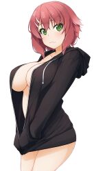 Rule 34 | 1girl, black jacket, blush, breasts, cleavage, closed mouth, collarbone, commentary request, cowboy shot, fang, green eyes, hands in pockets, hinata masaki, hood, hooded jacket, jacket, large breasts, long sleeves, naked jacket, open clothes, open jacket, original, red hair, short hair, simple background, solo, standing, thighs, white background