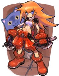 Rule 34 | 1girl, absurdres, bare arms, bike shorts, black gloves, blue eyes, blush, breasts, brown footwear, cat, character request, commentary request, crop top, dakusuta, full body, gloves, hair between eyes, highres, holding, holding weapon, long hair, namco, navel, orange hair, panzer bandit, shoes, shorts, solo, spiked hair, standing, vambraces, very long hair, weapon