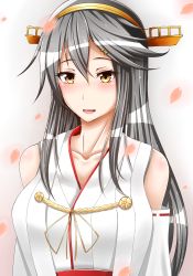Rule 34 | 10s, 1girl, arms at sides, bad id, bad pixiv id, bare shoulders, black hair, blush, breasts, brown eyes, collarbone, detached sleeves, hair between eyes, hair ornament, hairband, hairclip, haruna (kancolle), headgear, japanese clothes, kantai collection, large breasts, long hair, looking at viewer, nontraditional miko, parted lips, petals, rebaria, ribbon-trimmed sleeves, ribbon trim, smile, solo, swept bangs, upper body