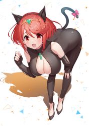 Rule 34 | 1girl, absurdres, alternate costume, animal ears, bare shoulders, blush, breasts, cat ears, cat tail, chest jewel, cleavage, cleavage cutout, clothing cutout, earrings, green322, highres, jewelry, large breasts, looking at viewer, open mouth, pyra (xenoblade), red eyes, red hair, short hair, smile, solo, swept bangs, tail, tiara, xenoblade chronicles (series), xenoblade chronicles 2