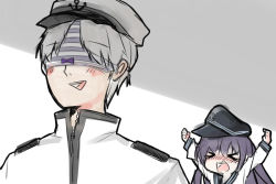 Rule 34 | &gt; &lt;, 10s, 1boy, 1girl, admiral (kancolle), akatsuki (kancolle), anchor symbol, angry, arms up, blush, bow, bow panties, closed eyes, commentary request, flat cap, hat, kantai collection, long hair, military, military uniform, naval uniform, object on head, open mouth, panties, panties on head, purple hair, re rally, school uniform, serafuku, simple background, striped clothes, striped panties, underwear, uniform