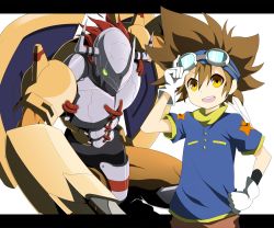 Rule 34 | 1boy, armor, bad id, bad pixiv id, brown hair, child, digimon, digimon (creature), digimon adventure, gauntlets, gloves, glowing, glowing eyes, goggles, green eyes, helmet, horns, lemon (wzcrybmi), letterboxed, male focus, red hair, short hair, simple background, solo, spikes, wargreymon, white background, yagami taichi, yellow eyes
