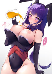 Rule 34 | 1girl, accident, animal ears, artist name, black gloves, black leotard, blush, braid, breast slip, breasts, cup, dermar, detached collar, elbow gloves, fake animal ears, flower, genshin impact, gloves, hair flower, hair ornament, highleg, highleg leotard, highres, holding, holding cup, inverted nipples, large breasts, leotard, long hair, low-braided long hair, low-tied long hair, mole, mole under eye, nipples, open mouth, playboy bunny, purple eyes, purple hair, rabbit ears, raiden shogun, simple background, solo, speech bubble, spill