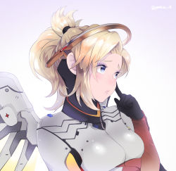 Rule 34 | 1girl, bad id, bad pixiv id, blonde hair, blue eyes, blush, bodysuit, breasts, finger to cheek, gloves, gradient background, halo, high ponytail, highres, large breasts, lips, long hair, mechanical halo, mechanical wings, mercy (overwatch), overwatch, overwatch 1, panza, parted lips, ponytail, solo, twitter username, upper body, white background, wings