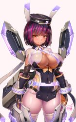 Rule 34 | 1girl, arms at sides, black hat, blunt bangs, blush, breasts, covered navel, cowboy shot, dark-skinned female, dark skin, doyouwantto, gloves, hat, large breasts, looking at viewer, multicolored hair, original, parted lips, pink hair, purple hair, red eyes, short hair, signature, smile, solo, standing, streaked hair, thighhighs, two-tone hair, v-shaped eyebrows, white thighhighs
