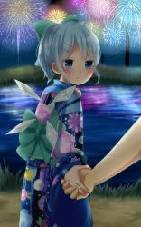 Rule 34 | 1girl, alternate costume, alternate hairstyle, bad id, bad pixiv id, blue eyes, blue hair, blush, bow, cirno, detached wings, fireworks, hair bow, hair ornament, hairpin, highres, holding hands, ice, ice wings, japanese clothes, long sleeves, nemuta muu, ponytail, short hair, solo focus, touhou, wide sleeves, wings
