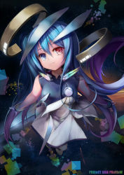 Rule 34 | 1girl, aria (aria (vocaloid)), aria (vocaloid), bare arms, blue eyes, blue hair, breasts, closed mouth, commentary, dress, english commentary, flying, gradient hair, halo, heterochromia, highres, kin toki, long hair, looking at viewer, mechanical halo, multicolored hair, purple hair, red eyes, shoulder tattoo, sleeveless, sleeveless dress, solo, tattoo, two-tone hair, very long hair, vocaloid, white dress, wrist cuffs