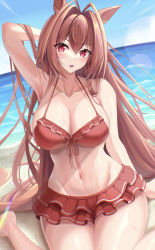 Rule 34 | 1girl, absurdres, animal ears, arm support, arm up, armpits, bare shoulders, barefoot, beach, bikini, bikini skirt, blue sky, blush, breasts, brown hair, cleavage, cloud, collarbone, commentary, daiwa scarlet (trifle vacation) (umamusume), daiwa scarlet (umamusume), day, dutch angle, frilled bikini, frills, groin, hair between eyes, hair intakes, highres, horse ears, horse girl, horse tail, large breasts, lens flare, long hair, looking at viewer, midriff, navel, nazimi (sickly7), ocean, official alternate costume, open mouth, outdoors, red bikini, red eyes, shadow, sidelocks, sitting, sky, solo, swimsuit, tail, twintails, umamusume, very long hair, wariza