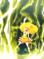 Rule 34 | 10s, 1girl, bike shorts, bike shorts under skirt, blonde hair, boots, bow, cure peace, dress, electricity, glowing, hair flaps, kise yayoi, long hair, precure, shorts, shorts under skirt, skirt, smile precure!, solo, tj-type1, v, wrist cuffs, yellow bow, yellow eyes, yellow shorts, yellow skirt, yellow theme