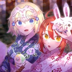 Rule 34 | 2girls, ahoge, akuterasu, alternate costume, blonde hair, blue eyes, blue kimono, blurry, blush, depth of field, fate/grand order, fate (series), floral print, food, fou (fate), fujimaru ritsuka (female), hand up, headpiece, highres, japanese clothes, jeanne d&#039;arc (fate), jeanne d&#039;arc (ruler) (fate), kimono, looking at viewer, mask, mask on head, multiple girls, open mouth, orange hair, pink kimono, print kimono, purple nails, shaved ice, short hair, smile, upper body, yellow eyes, yellow nails