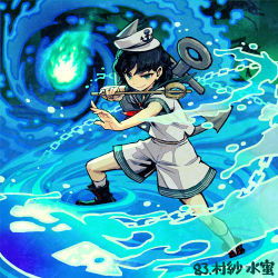Rule 34 | 1girl, anchor, anchor symbol, aqua eyes, bad id, bad pixiv id, black footwear, black hair, chain, fire, green fire, hat, ladle, looking at viewer, lowres, meimaru inuchiyo, murasa minamitsu, outstretched arm, sailor, sailor hat, shirt, shoes, short hair, short sleeves, shorts, smile, solo, touhou, water, white hat, white legwear, white shirt, white shorts