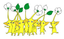 Rule 34 | black eyes, bud, colored skin, commentary request, flower, hand on own chin, leaf, looking at viewer, naru (wish field), nintendo, no humans, no mouth, outstretched arms, pikmin (creature), pikmin (series), pointy ears, simple background, white background, white flower, yellow pikmin, yellow skin