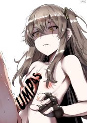 Rule 34 | 1boy, 1girl, anger vein, bad id, bad twitter id, bare shoulders, belko, black gloves, breasts, censored, censored by text, character name, crossed bangs, cum, cum on body, cum on upper body, fingerless gloves, flat chest, girls&#039; frontline, gloves, grey hair, highres, long hair, naizuri, navel, nipples, paizuri, penis, ribs, scar, scar across eye, scar on face, side ponytail, simple background, ump45 (girls&#039; frontline), white background, yellow eyes