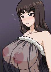 Rule 34 | 1girl, blush, breasts, brown eyes, brown hair, dress, girls und panzer, highres, large breasts, long hair, looking at viewer, mature female, morikurousagi, nipples, nishizumi shiho, open mouth, see-through, see-through dress, solo