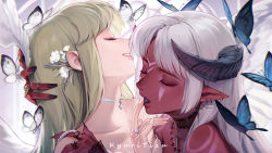 Rule 34 | 2girls, angel and devil, angel wings, blonde hair, bug, butterfly, choker, close-up, closed eyes, colored skin, earrings, facial mark, finger to another&#039;s mouth, hand on another&#039;s head, head wings, highres, horns, insect, interracial, jewelry, kyuri tizu, multiple girls, open mouth, original, portrait, red skin, ring, smile, white hair, wings, yuri