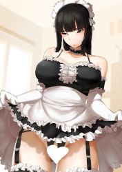 Rule 34 | 1girl, absurdres, alternate costume, bare shoulders, black eyes, black hair, blunt bangs, breasts, censored, clothes lift, cowboy shot, dress, dress lift, elbow gloves, enmaided, frilled thighhighs, frills, garter straps, gloves, heart, heart censor, highres, hime cut, large breasts, lifting own clothes, long hair, looking away, lynus, maid, maid headdress, naoko (lynus), original, skirt, skirt lift, solo, thighhighs