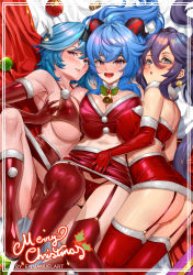 Rule 34 | 3girls, ahoge, aqua eyes, artist name, bell, bikini, blue hair, blush, breasts, christmas, christmas ornaments, cleavage, crop top, curled horns, detached collar, elbow gloves, enma (enmanuelart), eula (genshin impact), from above, ganyu (genshin impact), garter straps, genshin impact, gloves, highres, horns, large breasts, long hair, looking at viewer, lying, medium breasts, medium hair, merry christmas, miniskirt, mistletoe, mona (genshin impact), multiple girls, neck bell, on back, on side, open mouth, panties, parted lips, purple hair, red eyes, red legwear, red panties, santa bikini, santa costume, santa gloves, skirt, swimsuit, thighhighs, twintails, underwear, yellow eyes