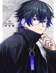 Rule 34 | 1boy, absurdres, barcode, black hair, black nails, black sweater, blue eyes, blue hair, chain, chain necklace, colored tips, ear piercing, english text, from side, gem (symbol), grey background, hair between eyes, hand up, highres, iyo (iyoo), jewelry, long sleeves, looking at viewer, looking to the side, male focus, mole, mole under eye, multicolored hair, nail polish, necklace, o-ring, original, outside border, parted lips, piercing, ring, ringed eyes, solo, sweater, turtleneck, turtleneck sweater, two-tone hair, upper body