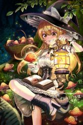 Rule 34 | 1girl, adapted costume, basket, black footwear, black hat, blonde hair, blush, boots, bow, commentary request, dress, fujiwara aoi, grin, hair between eyes, hat, hat bow, high heel boots, high heels, highres, holding, holding lantern, kirisame marisa, lantern, long hair, mushroom, smile, solo, touhou, white bow, witch hat, wrist cuffs, yellow eyes