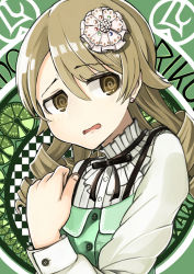 Rule 34 | 1girl, @ @, art nouveau, artist name, black ribbon, brown eyes, brown hair, character name, checkered background, commentary request, dress shirt, drill hair, earrings, frilled shirt collar, frills, green background, hair ornament, hand on own chest, highres, idolmaster, idolmaster cinderella girls, jewelry, long hair, looking to the side, morikubo nono, paeonia1202, ribbon, shirt, solo, stud earrings, upper body, upset