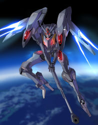 Rule 34 | beam rifle, commentary, earth (planet), energy gun, flying, full body, glowing, glowing eyes, gun, gundam, gundam pharact, gundam suisei no majo, highres, holding, holding gun, holding weapon, looking at viewer, mecha, mobile suit, no humans, planet, red eyes, rifle, robot, sniper rifle, solo, space, syope, thrusters, v-fin, weapon