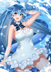 Rule 34 | 1girl, :d, absurdres, arms behind back, arms behind head, bao (vtuber), bao (vtuber) (3rd costume), bare shoulders, blue hair, blush, bow, breasts, bubble, cetacean tail, collarbone, dress, drill hair, drill sidelocks, earrings, fins, fish tail, floral dress, flower, flower earrings, from above, hair between eyes, highres, indie virtual youtuber, jewelry, katou shinobu, long hair, looking at viewer, medium breasts, necklace, open mouth, petals, petals on liquid, ponytail, red eyes, short dress, sidelocks, smile, solo, strapless, strapless dress, tail, tight clothes, tight dress, underwater, very long hair, virtual youtuber, wading, wakamezake, whale, white bow, white dress, white flower