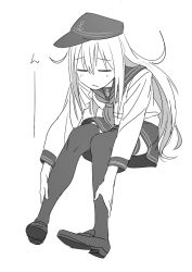 Rule 34 | 10s, 1girl, anchor symbol, bad id, bad twitter id, closed eyes, flat cap, frown, full body, greyscale, hands on legs, hat, hibiki (kancolle), kantai collection, kinosuke (sositeimanoga), loafers, long hair, long sleeves, monochrome, no nose, pantyhose, pleated skirt, sailor hat, school uniform, serafuku, shoes, simple background, skirt, solo, thighhighs, white background