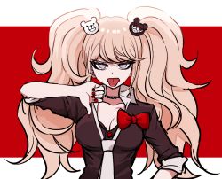 Rule 34 | 1girl, black shirt, blue eyes, breasts, choker, cleavage, danganronpa: trigger happy havoc, danganronpa (series), enoshima junko, fingernails, hair ornament, long hair, medium breasts, nail polish, necktie, no (xpxz7347), red background, red nails, shirt, sleeves rolled up, solo, tongue, tongue out, twintails, white background, white necktie