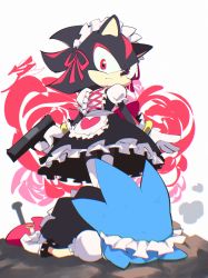 Rule 34 | 2boys, absurdres, aetherion, alternate costume, apron, black dress, dress, enmaided, frown, full body, furry, furry male, gun, handgun, highres, holding, holding gun, holding weapon, maid, maid headdress, multiple boys, puffy short sleeves, puffy sleeves, red eyes, red footwear, shadow the hedgehog, short sleeves, sonic (series), sonic the hedgehog, thighhighs, weapon, white background, white legwear