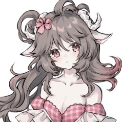 Rule 34 | 1girl, animal ears, antenna hair, arknights, bikini, breasts, brown hair, cleavage, collarbone, expressionless, eyjafjalla (arknights), eyjafjalla (summer flower) (arknights), flower, gradient hair, hair between eyes, hair flower, hair ornament, horns, long hair, looking at viewer, medium breasts, multicolored hair, off-shoulder bikini, off-shoulder shirt, off shoulder, official alternate costume, pink bikini, pink eyes, pink flower, pink hair, portrait, riinougat, sheep ears, sheep girl, sheep horns, shirt, simple background, solo, swimsuit, swimsuit cover-up, white background, white shirt