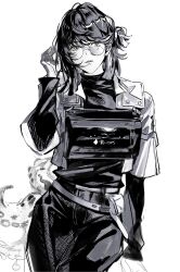 Rule 34 | 1girl, andreana (arknights), andreana (silent arrow) (arknights), arknights, commentary, cowboy shot, cropped jacket, glasses, greyscale, hand up, highres, huang huo liaoyuan, jacket, long sleeves, looking at viewer, medium hair, monochrome, official alternate costume, open clothes, open jacket, pants, parted lips, pouch, shirt, solo, symbol-only commentary, tentacles, turtleneck