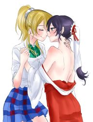 Rule 34 | 2girls, absurdres, airen, ayase eli, back, blonde hair, blush, couple, closed eyes, green eyes, hair ornament, happy, highres, imminent kiss, japanese clothes, kimono, kiss, long hair, looking at another, love live!, love live! school idol project, multiple girls, ponytail, purple hair, school uniform, scrunchie, simple background, skirt, smile, tojo nozomi, uniform, white background, yuri