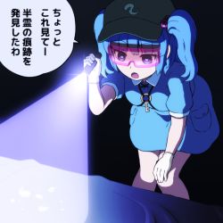 Rule 34 | 1girl, bag, bed, black background, blue dress, blue eyes, blue hair, blue sleeves, collar, commentary request, dress, flashlight, glasses, gloves, green hat, hair between eyes, hand up, hat, holding, jewelry, kawashiro nitori, key, key necklace, light, looking down, medium hair, necklace, open mouth, pocket, puffy short sleeves, puffy sleeves, shadow, shirosato, short sleeves, simple background, solo, standing, suggestive fluid, touhou, translation request, twintails, white collar, white gloves