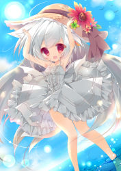 Rule 34 | 1girl, animal ears, armpits, bad id, bad pixiv id, day, dress, hands on headwear, hat, highres, long hair, looking at viewer, mizu (nonbiri), open mouth, original, red eyes, silver hair, sky, solo, straw hat, tail, white dress, wolf ears, wolf tail