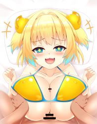 Rule 34 | 1boy, 1girl, :d, bar censor, bikini, blonde hair, blue hair, blush, bombergirl, grabbing another&#039;s breast, breasts, breasts squeezed together, censored, collarbone, colored tips, grabbing, hair intakes, hetero, highres, huge breasts, kane-neko, looking at viewer, lying, multicolored hair, on back, open mouth, paizuri, penis, pillow, pine (bombergirl), short hair, smile, straddling paizuri, streaked hair, swimsuit, symbol-shaped pupils, torogao, two-tone hair, yellow bikini